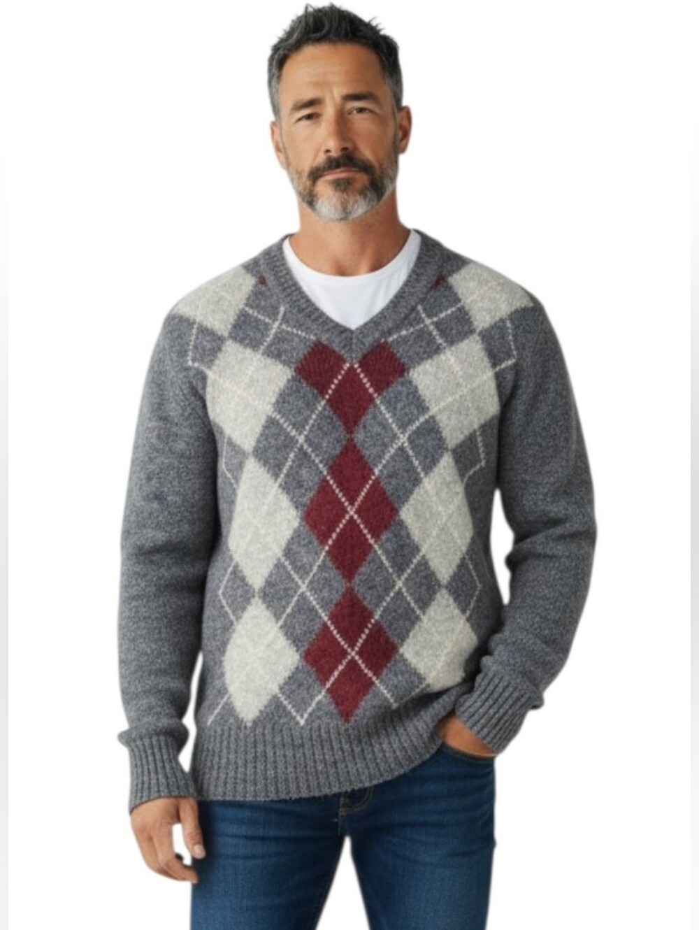 Vintage Parkhurst Wool Argyle V-Neck Grandpa Sweater Academia Grey Burgundy L
